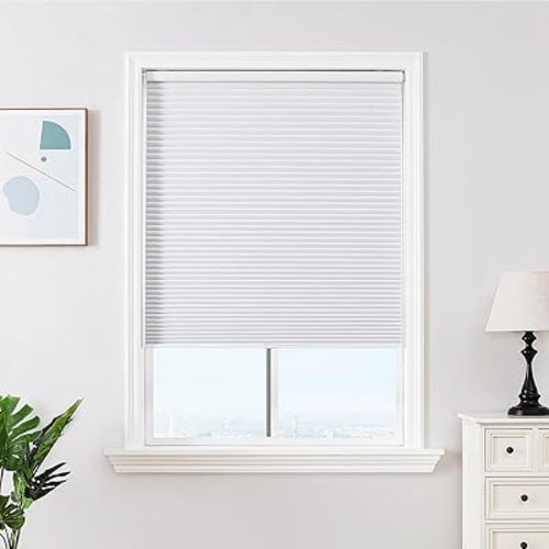 Joydeco No Tools No Drill Window Blinds for Indoor Windows, Blackout Shades Cellular Shades Cordless, No Drill Blinds for Windows, Window Shades for Home, Bedrooms, Doors (White, 29" W x 64" H)
