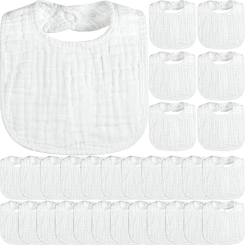 Reginary 30 Pack White Muslin Baby Bibs Bulk Adjustable 6 Layers Baby Bandana Drool Bibs for Boys Girls Newborn Cotton Soft Absorbent Muslin Burp cloth for Drooling and Teething