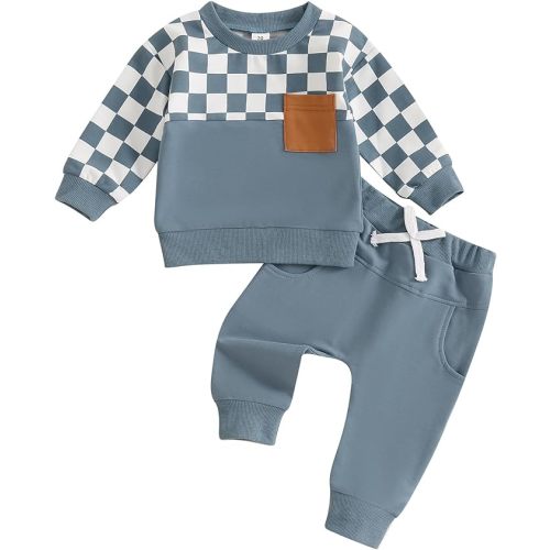 Toddler Baby Boy Fall Outfit Checkerboard Patchwork Long Sleeve Sweatshirts Elastic Waist Pants Cute Newborn Clothes Set