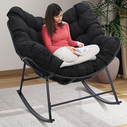 Kromax Large Rattan Rocking Papasan Chair, Indoor, Outdoor Rocker Chair, Wicker Rocker with Padded Cushion, Modern Egg Style, Black