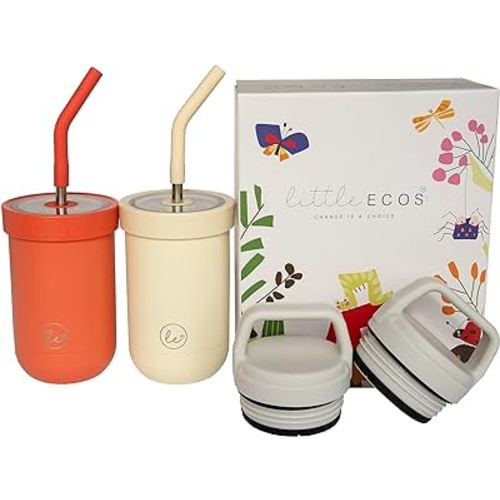 LITTLE ECOS Toddler straw cups spill proof | Set of 2 Stainless steel Baby straw sippy cups for toddlers 2+ 3+ year old | Insulated Kids cup tumblers | Best training cups for toddlers 1-3