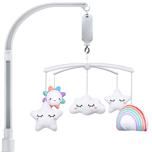 FEISIKE Baby Crib Mobile for Girls with 3 Modes Digital Musical Box, Volume Control, 35 Lullabies, Nursery Crib Toys for Newborn Ages 0 and Older,23 Inches Baby Mobile Arm and 5 Pcs Hanging Toys Clamp