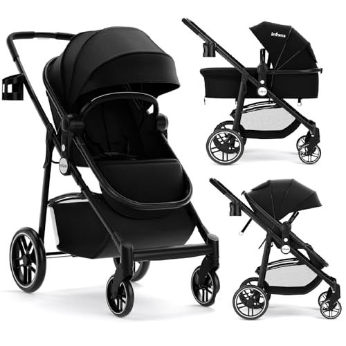 INFANS 2 in 1 Baby Stroller, High Landscape Infant Stroller & Reversible Bassinet Pram, Foldable Pushchair with Adjustable Canopy, Storage Basket, Cup Holder, Suspension Wheels (Black)