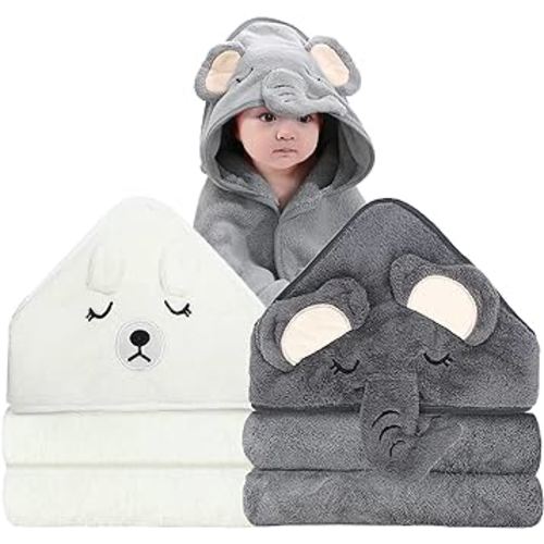 2 Pack Hooded Baby Towels - Premium Ultra Soft Organic Baby Bath Towel – Absorbent and Hypoallergenic Towels for Baby Boy Girl, Toddler, Newborn Essentials (Elephant & Bear)
