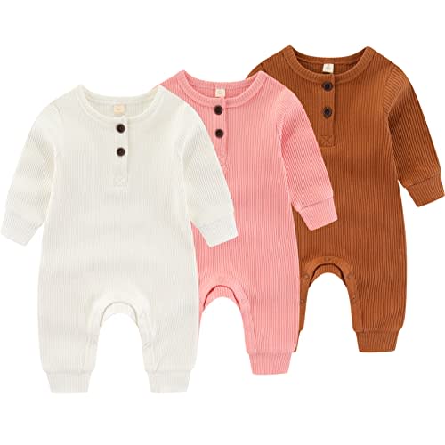 IADOER Newborn Baby Boys Girls One Piece Romper With Mitten Cuffs 3 Pack Long Sleeve Ribbed Button Jumpsuit Outfit Clothes