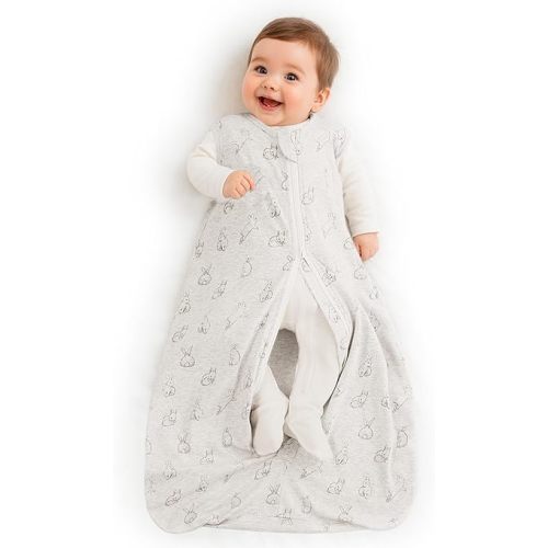Owlivia Baby Organic Cotton 0.5 TOG Wearable Blanket-Light Sleeping Bag with 2-Way Zipper, Boys Girls Swaddle Transition Sleep Sack(0.5 TOG Gray Rabbit, 3-12 Months)