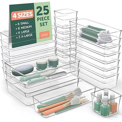 25 PCS Clear Plastic Drawer Organizers Set, 4 Sizes Clear Drawer Organizers & storage Bins for Makeup/Jewelry Vanity, Kitchen Gadgets Or Office Desk. Bathroom Drawer Organizer Trays With Non-Slip Pads
