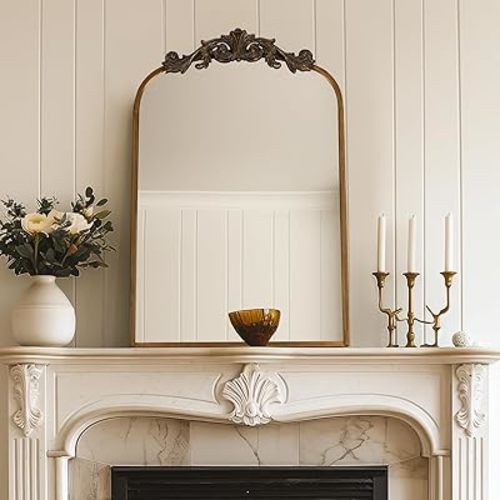USHOWER 24" x 36" Gold Vintage Mirror for Wall, Antique Baroque Mirror with Ornate Frame, Gold Arched Brass Mirror for Fireplace, Bathroom, Living Room, Entryway