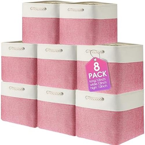 meekoo 8 Pack Collapsible Storage Bins Fabric Storage Bins Polyester Fabric Baskets with Handles Linen Closet Organizer for Shelf Home Closet Towels Toys(12 x 12 x 12 in,Pink White)