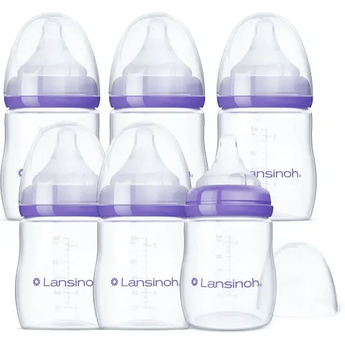 Lansinoh Anti-Colic Baby Bottles for Breastfeeding Babies, 5 Ounces, 3 Count, Includes 3 Slow Flow Nipples, Size S (Pack of 2)