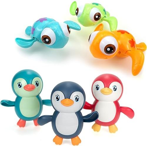 DUCKBOXX XX Wind-up Bath Toys Bundle (6pcs) : Swimming Sea Turtles (3pcs) & Penguin (3pcs) for Kids 18M+