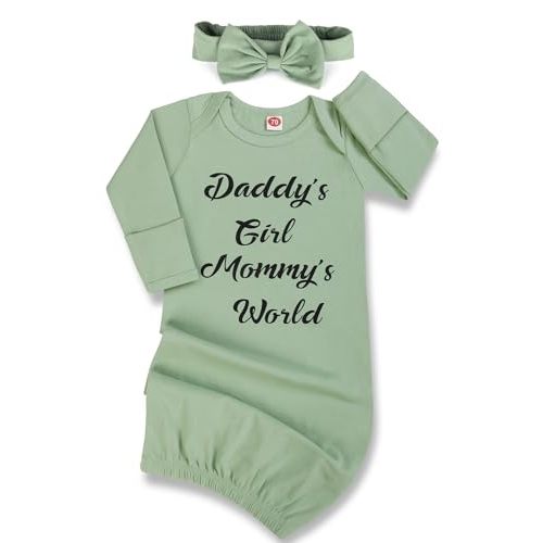 Mikccer Newborn Baby Gown 0-6 Months, Super Soft Newborn Sleepers Gown, Long Sleeve Nightgown for Baby Girl, Infant Come Home Essential Outfit with Headband Green