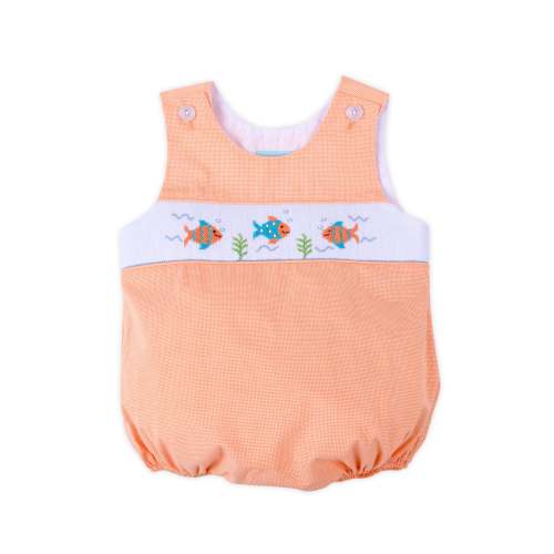 Little Fish Orange Micro Gingham Smocked Sun Bubble