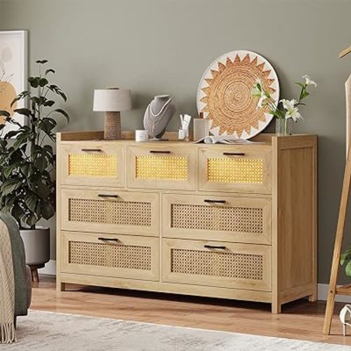 AOGLLATI Rattan Dresser for Bedroom with 7 Drawers, Dressers & Chests of Drawers,Wood Long Bedroom Dresser for Bedroom, Hallway, Entryway