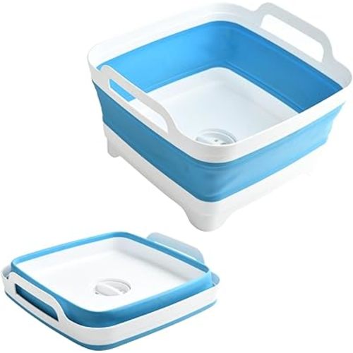 Collapsible Dish Basin,Dish Tub for Kitchen Sink,Collapsible Sink with Drain,Laundry Tub,Plastic Dish Tubs, 9l 2.4 Gal Camping Sink Foldable, Wash Basin for Elderly (Blue)