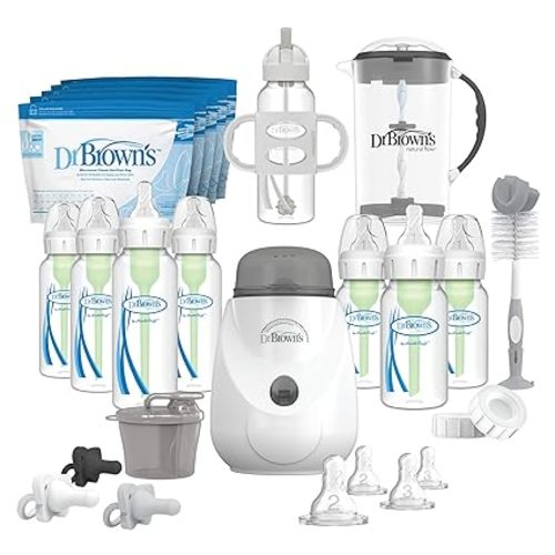 Dr. Brown's Natural Flow Anti-Colic Options+ All-In-One Gift Set for Newborn, with Bottle Warmer, HappyPaci Pacifiers, Cleaning Brush, Formula Mixing Pitcher & Formula Dispenser, 0m+