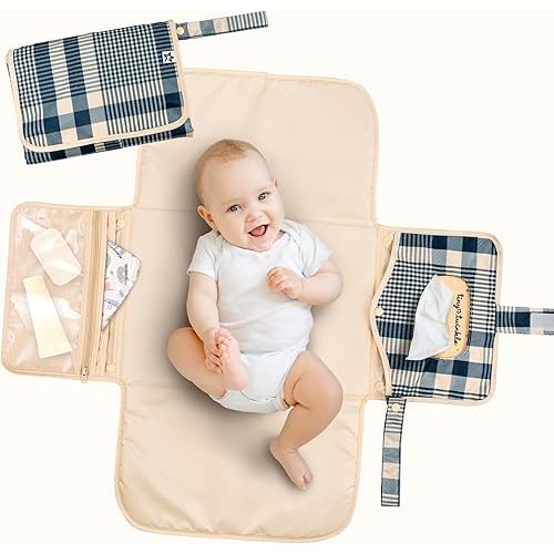 Tiny Twinkle Portable Diaper Changing Pad | Foldable, Waterproof & Compact Travel Changing Mat with Storage | Smart Wipes Pocket for On-The-Go Parents | Newborn Shower Gift (Gingham)