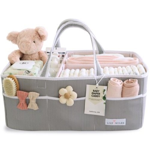 Extra Large Baby Diaper Caddy Organizer - Baby Shower Gift for Baby Girls (Gray/Pink)
