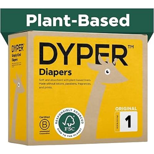 DYPER Monthly Pack Baby Diapers Size 1 (216 Count) - Leak-Proof & Plant Based, Hypoallergenic, Fragrance Free & Ultra Absorbent Size 1 Diapers for Day and Overnight Skin Protection
