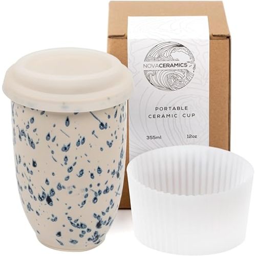 NOVA CERAMICS Travel Mug - Travel Size Mug – Reusable Coffee Mug Unique to Go Mug – Microwave & Dishwasher Safe Coffee White & Blue Tumbler - Gifts for Women Men Him Her – 12oz – Orchid