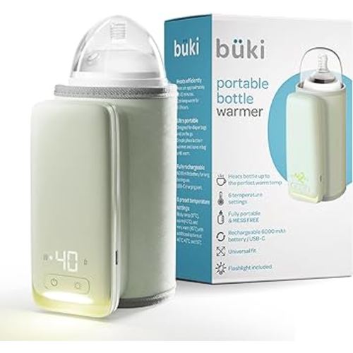 Büki Portable Bottle Warmer for Breastmilk or Baby Formula - Fast Heating + Leak-Proof + Adjustable Travel Warmer with Battery-Powered Temperature Display, Flashlight - 6000MAH Rechargeable Battery