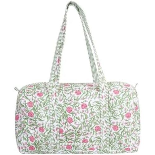 LKGSM Handmade Cotton Quilted Weekender Bag, Floral Indian Print Duffle, Bohemian Overnight Travel Tote for Women, Large Carry-on Luggage, Floral Gym Bag (E)