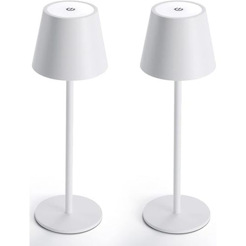 Maksone 2 Pack LED Cordless Table Lamp, 6600mWh Rechargeable Battery Desk Lamp, 3000K Stepless Dimming Night Light, IP54 Waterproof Metal Outdoor Portable Lamp for Camping, Restaurant (White)