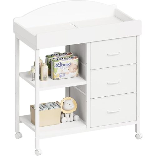 Changing Table Dresser, Baby Dresser with 3 Fabric Drawers and 2 Shelves, Multi-Functional Baby Changing Table with Pad, Classic Nursery Dresser, Diaper Changing Station for Nursery, White