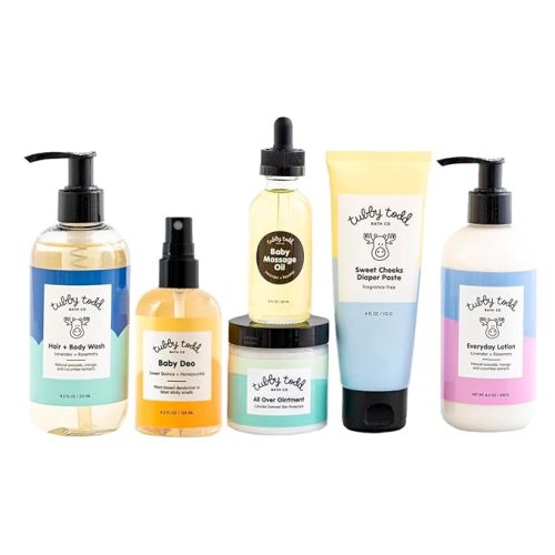 TUBBY TODD Baby Arrival Bath & Skincare Set - The Newborn Gift Set - Baby Shampoo and Body Wash, Lotion, All Over Ointment, Diaper Paste, Baby Massage Oil, Baby Deo - Standard Size Lavender Rosemary