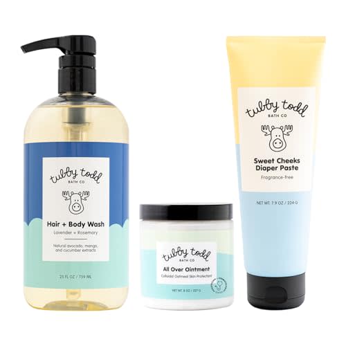 TUBBY TODD Baby Bundle Newborn Skin Care Set - Hypoallergenic Hair + Body Wash, All Over Ointment with Colloidal Oatmeal, Sweet Cheeks Diaper Paste - Lavender Rosemary, Full Size