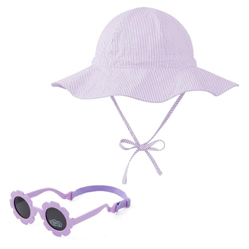 Zando UPF 50+ Wide Brim Baby Sun Hat with Sunglasses 0-12M - Sun Protection Infant Toddler Bucket Hat Adjustable for Outdoor