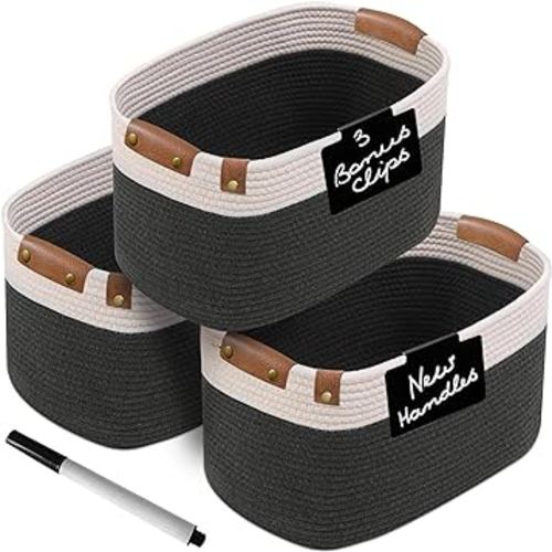 Cotton Rope Baskets for Organizing | Storage Baskets for Shelves | Rope Basket for Storage, Small Laundry Baskets, Woven Baskets for Storage, Dog Toy Bin, Baby Basket, White&Graphite 3 Pack