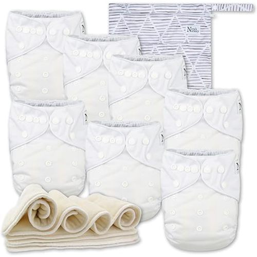 Nora's Nursery Cloth Diapers 7 Pack with 7 Inserts & 1 Wet Bag - Waterproof Cover, Washable, Reusable & One Size Adjustable Pocket Diapers for Newborns and Toddlers - Winter White