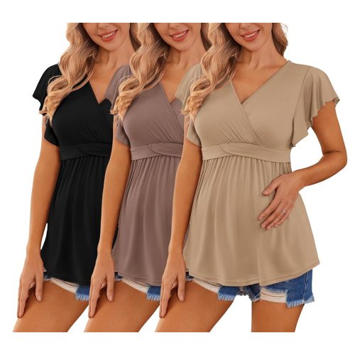 Ekouaer Maternity Shirts 3 Packs Flying Short Sleeve Nursing Tops Pregnancy Clothes