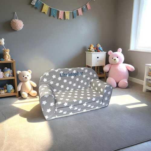 Personalized Toddler Fold Out Couch - Washable 100% Cotton Slip Cover, Lightweight, Perfect for Playrooms & Bedrooms - Gray with Stars