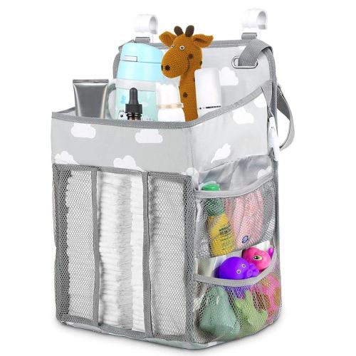 Diaper Caddy Hanging Diaper Caddy Organizer, Hanging Nursery Nappy Organiser Diaper Holder Caddy Stacker for Baby Girl Boy Crib Changing Table Playard Wall Baby Shower Gifts Bedside Storage Bag -Grey