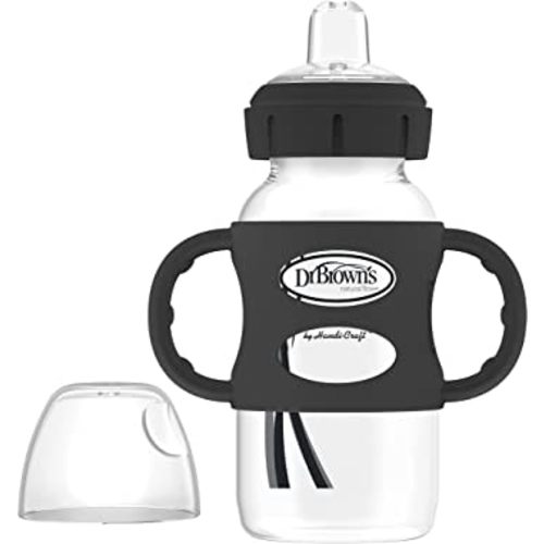 Dr. Brown's Milestones Wide-Neck Sippy Spout Bottle with 100% Silicone Handles, Easy-Grip Handles with Soft Sippy Spout, 9oz/270mL, Black, 1-Pack, 6m+