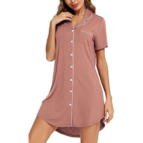 Samring Pajama Nightgown for Women Short/Long Sleeve Button Down Nightwear Top Boyfriend Sleep Shirts Nightdress S-XXL