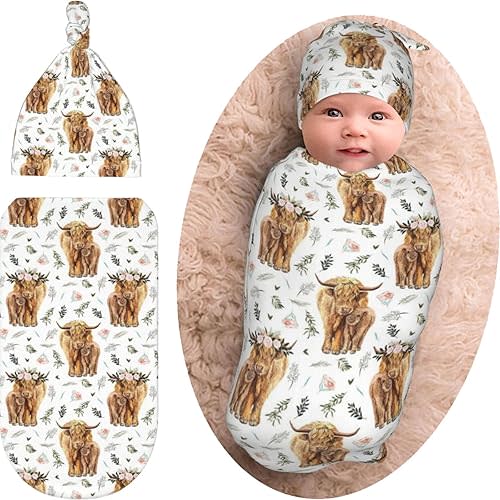 Highland Cow Baby Stuff Newborn Swaddle Blanket Beanie Hat Set, Soft and Stretchy Highland Cow Baby Blanket Swaddle Sack for Boy and Girl Gift