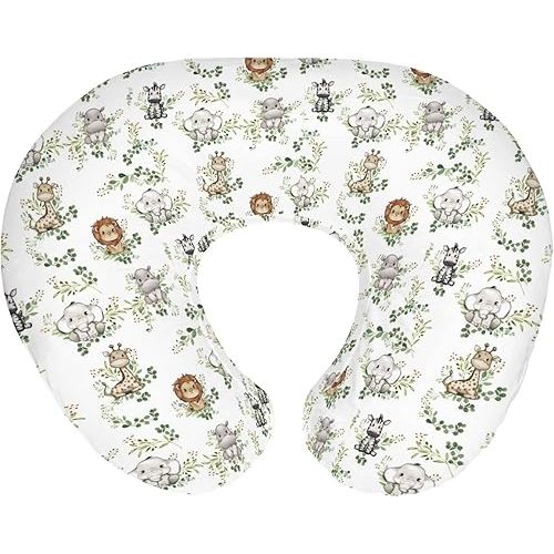 Cute Jungle Safari Animals Green Leaves Baby Nursing Pillow Covers for Boy Girl Lion Giraffe Elephant Zebra Nursery Pillowcase for Breastfeeding Pillows Soft Stretchy Slipcovers for Newborn Infant