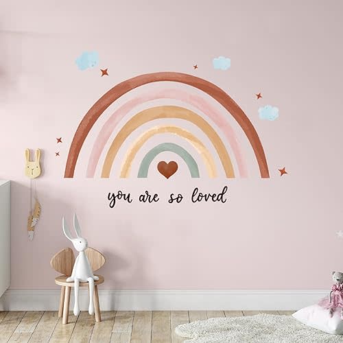 Containlol Rainbow Wall Decals, Playroom Wall Decor for Girl Room, Watercolor Peel and Stick Wallpaper, Boho Wallpaper 30 x 14 Inch Heart Art Stickers for Toddler Bedroom Nursery(Orange,Boho)
