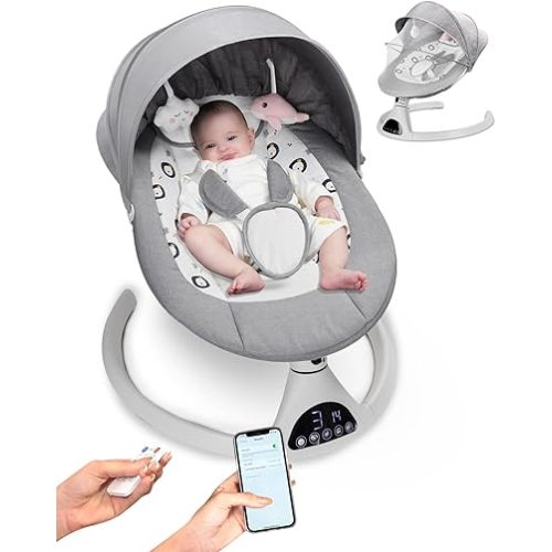 Electric Baby Swing for Infants to Toddler Portable Babies Swing Timing Function 5 Swing Speeds Bluetooth Touch Screen Music Speaker with 10 Preset Lullabies 5-Point Carabiner Gray
