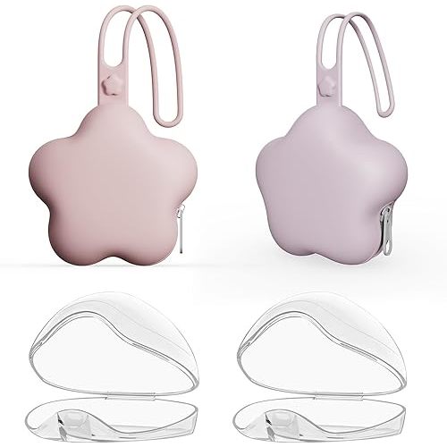 4 Pack Pacifier Holder Case,2pcs Silicone Portable Pacifier Pouch and 2pcs Transparent Nipple Holder Case Container, On-the-GO Pacifier Storage Container Box ,BPA Free, Easy to Clean（Pink+Purple）