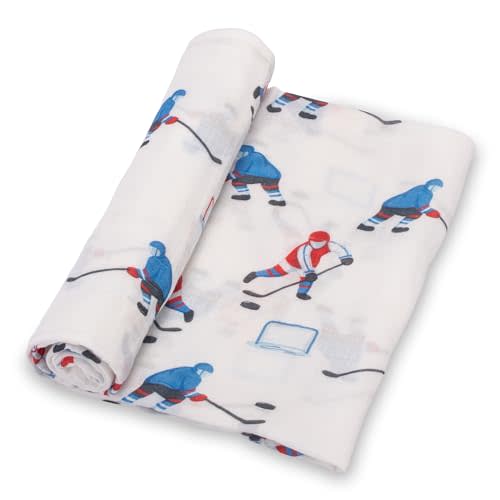 LollyBanks Muslin Swaddle Blankets, 100% Cotton Baby Blanket, 47 x 47 Inches Soft Swaddle Blanket for Boys, Baby Boy Swaddle Blanket, Baby Essentials, Registry (Ice Hockey/Sports Print)
