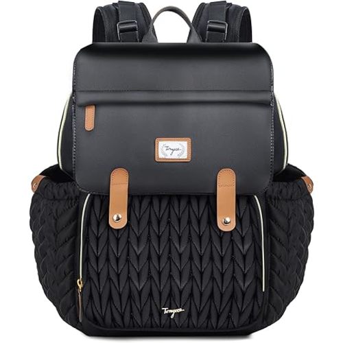 Baby Diaper Bag Backpack - Waterproof Leather Diaper Bags, Quilted Diaper Backpack with Changing Pad, Insulated Pockets, Stroller Buckle, Travel Essentials Baby Bag for Mom Dad, Black
