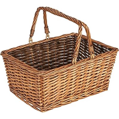 Household Essentials Woven Market Basket, Handwoven Willow Weave, Stylish Handles with Durable Metal Anchors, Classic and Versatile, Attractive, Spacious, Lightweight, Brown Stain