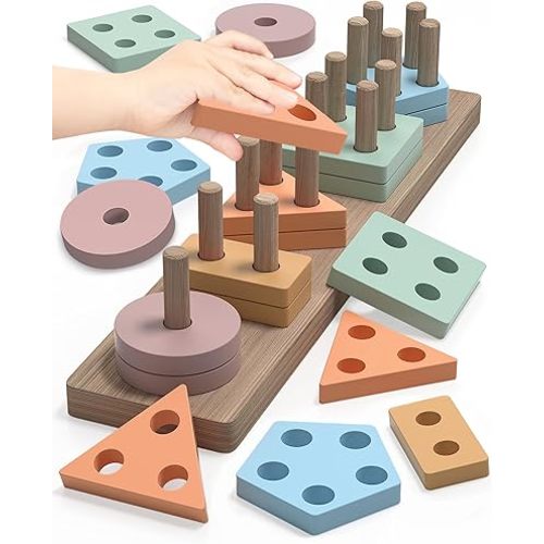 Montessori Toys for 1 2 Year Old Girl and Boy Birthday Gifts, Shape Sorter Wooden Toys for Toddlers Age 1-3 2-4, Learning Educational Sensroy Stacking Toddler Puzzles