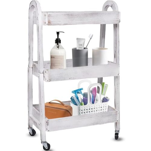 3-Tier Wooden Rolling Cart- Wooden Utility Cart wit Wheels- Utility Rolling Cart-Storage Trolley Organizer- Rolling Kitchen Serving Cart for Office,Kitchen, Kids' Room (Retro White)