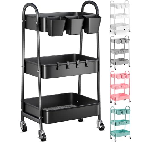 3 Tier Black Metal Rolling Cart with Lockable Wheels and Cups, Three Tiered Utility Storage Organizer on Wheels for Bathroom, Kitchen, Laundry, Garage, Office, Craft, Art, Baby Diaper, Snacks, Books