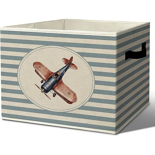 Rustic Airplane Storage Bins & Boxes with Handles, Toys Books Clothes Kids, Blue Striped Nursery Foldable Basket for Organizing Bedroom Kids Toddler Room Playroom